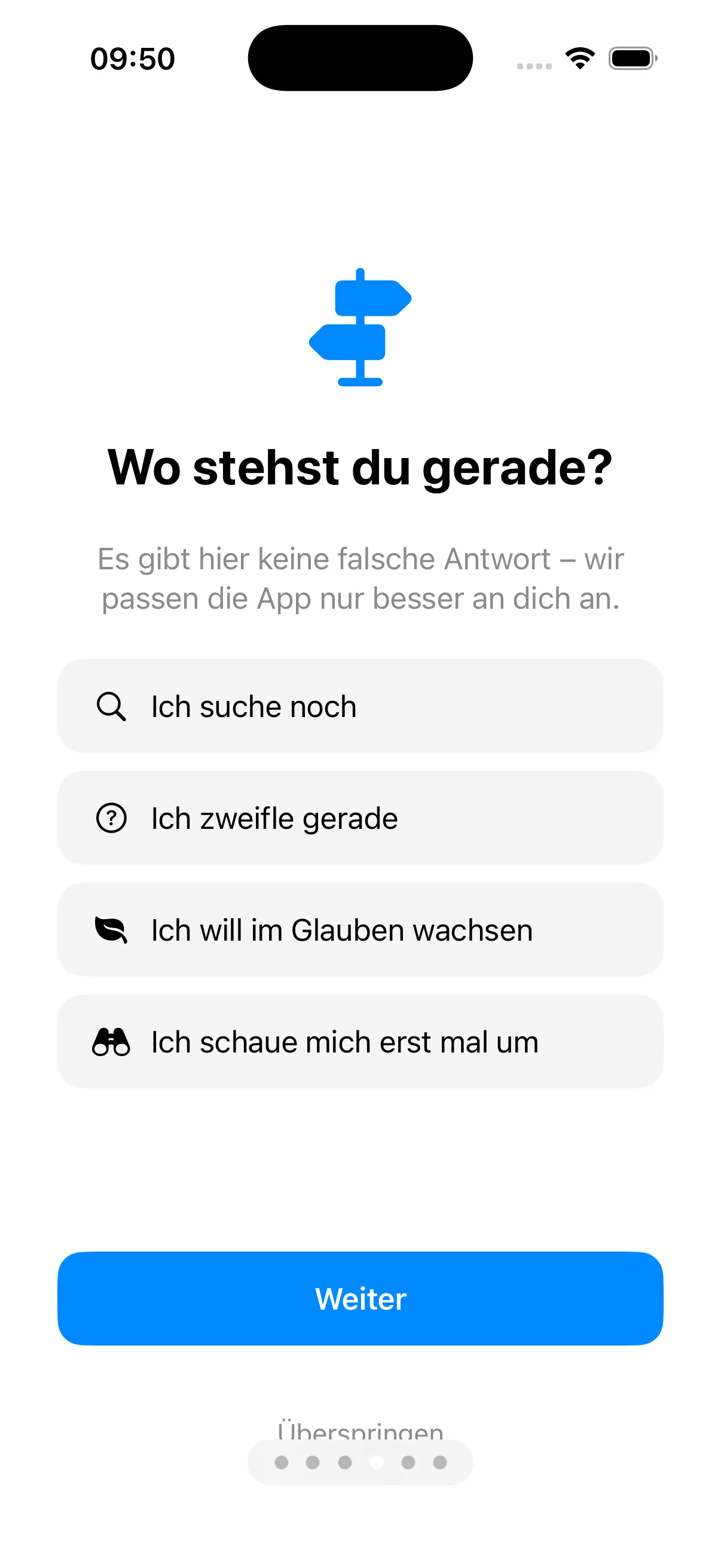 Frage „Wo stehst du gerade?“ mit vier Antwortmöglichkeiten