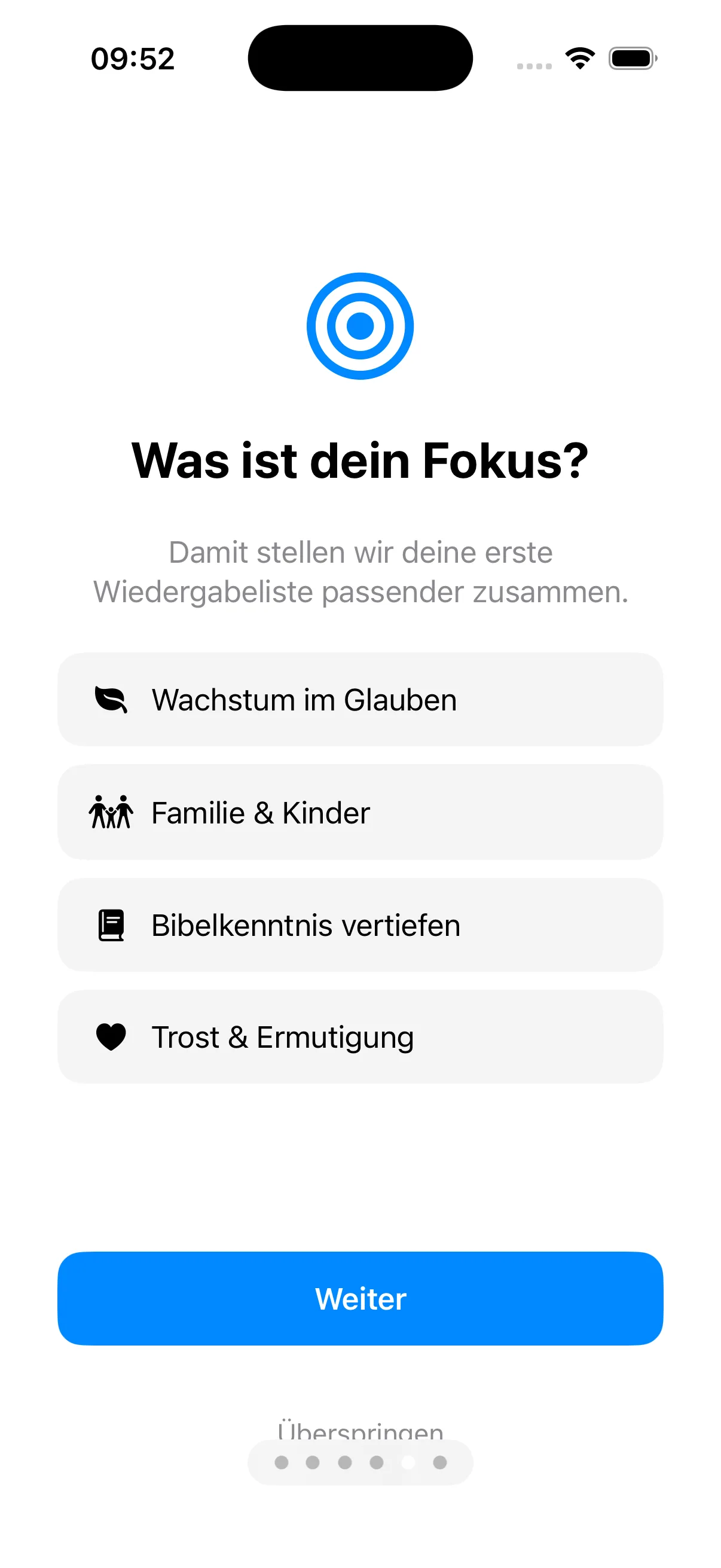 Frage „Was ist dein Fokus?“ mit vier Auswahlmöglichkeiten
