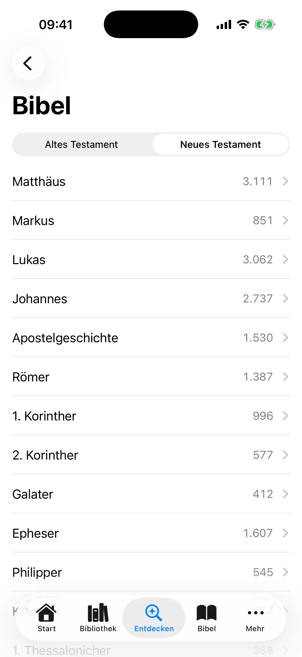 Bücher des Neuen Testaments in biblischer Reihenfolge mit Anzahl