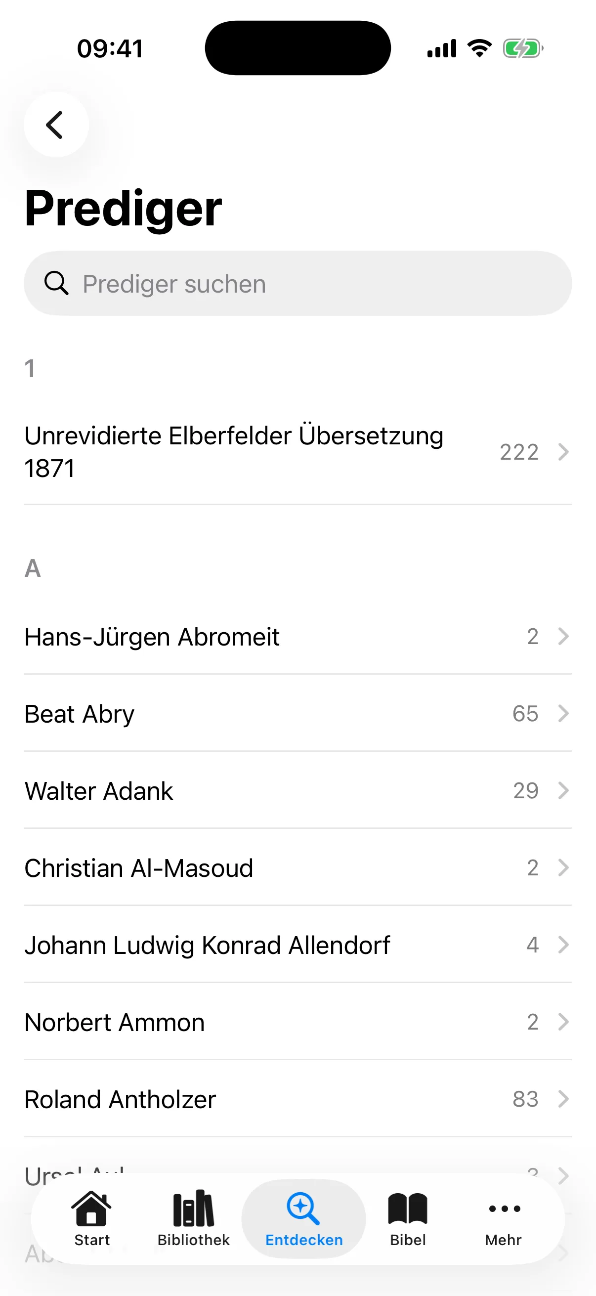 Prediger-Liste alphabetisch mit Suchfeld und Anzahl der Predigten