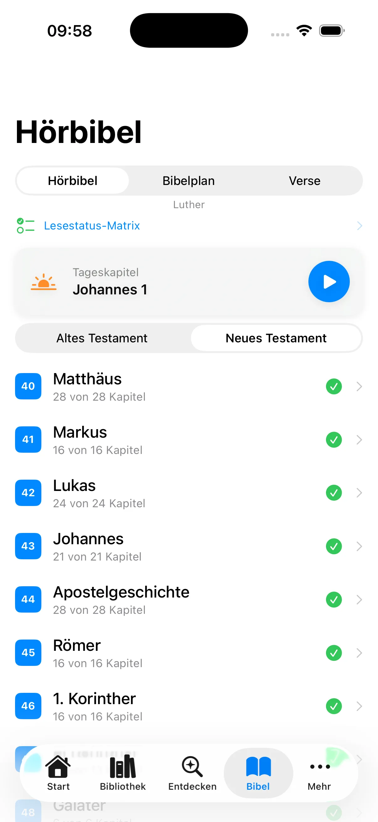 Hörbibel mit Tageskapitel und Buchliste des Neuen Testaments