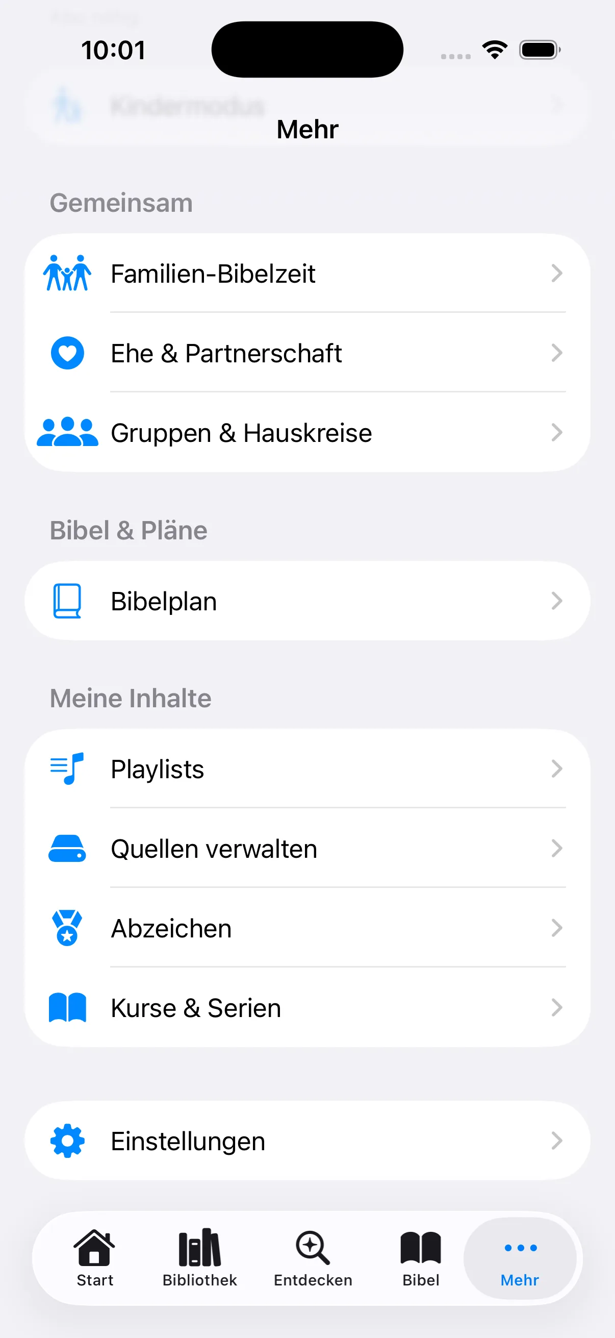 Mehr-Tab mit Kindermodus, Familien-Bibelzeit und Playlists