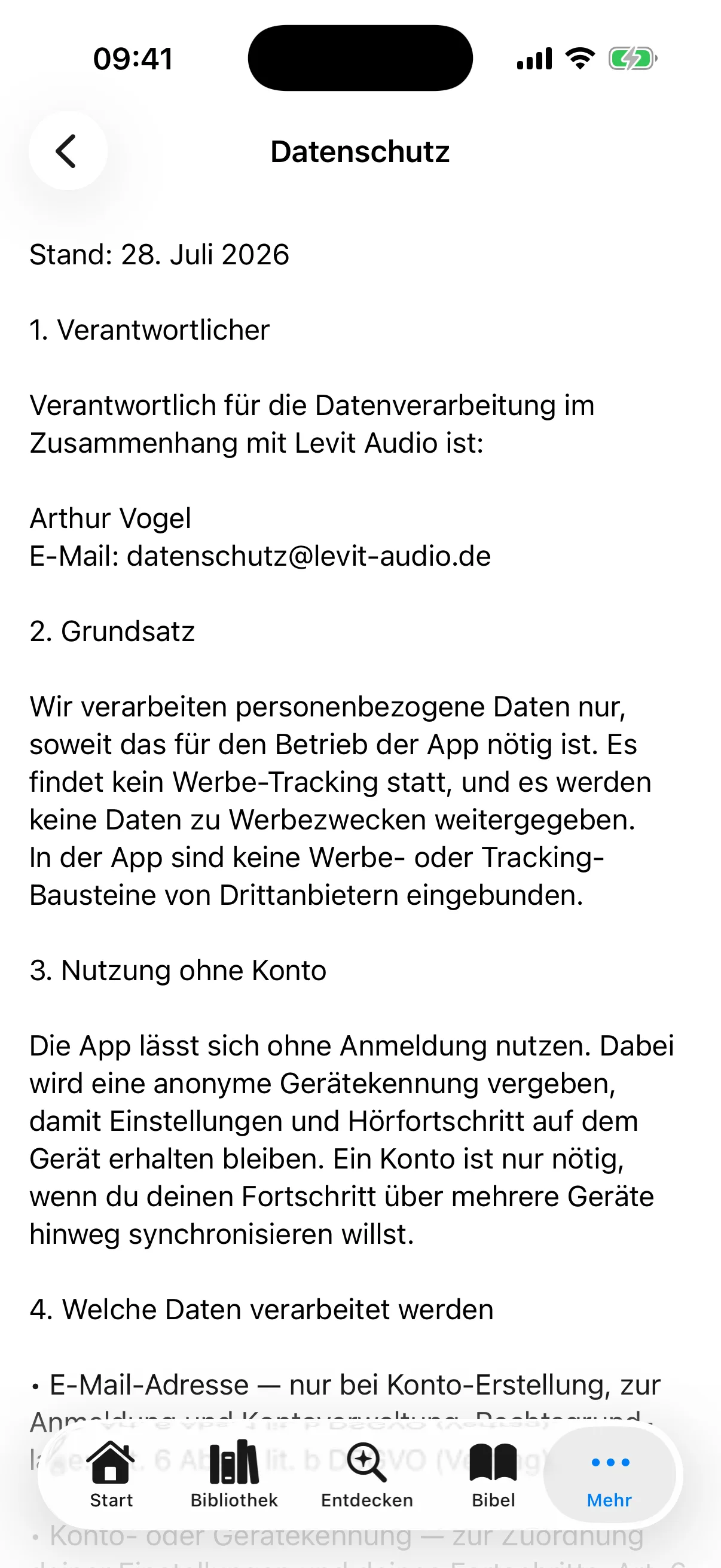 Datenschutzerklärung innerhalb der App