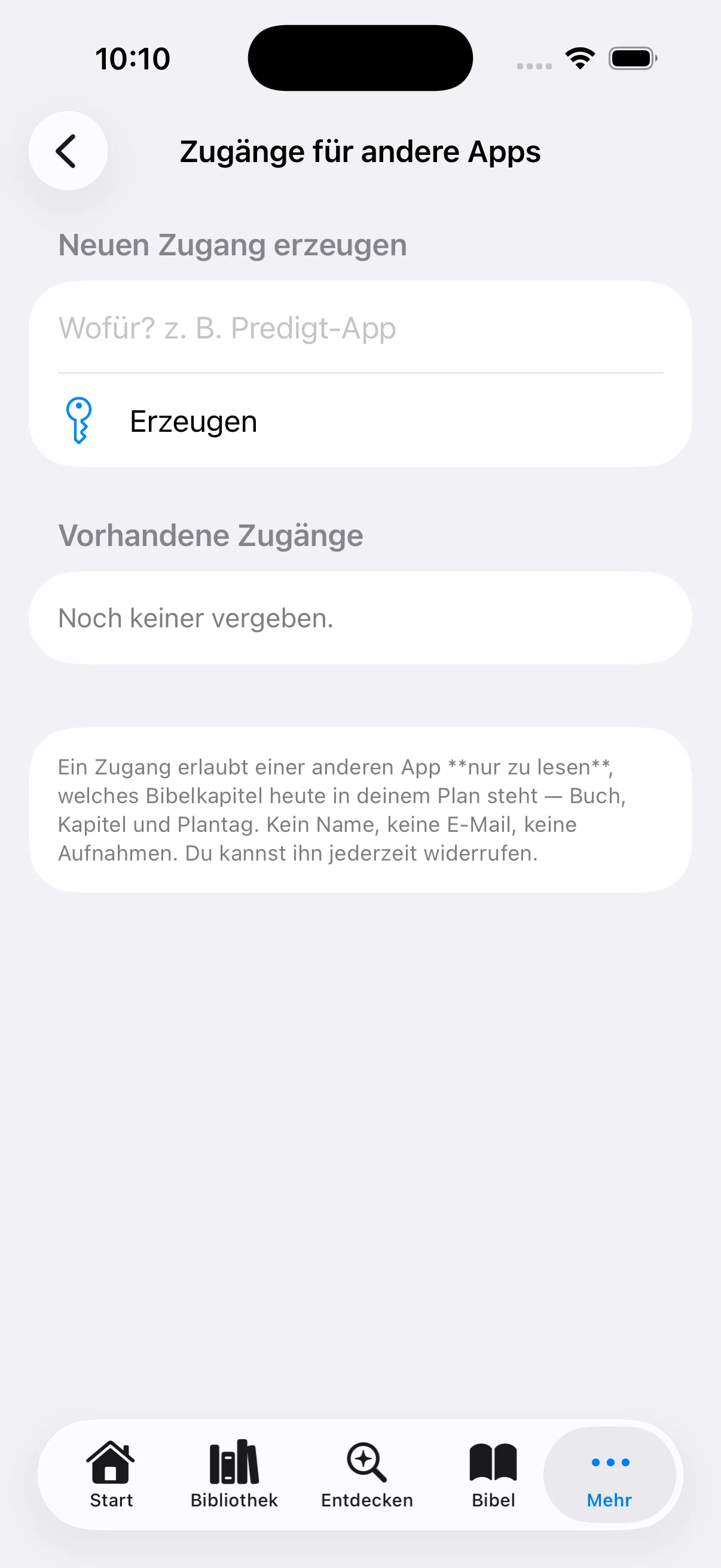 Zugänge für andere Apps mit Feld für die Bezeichnung und Erklärung