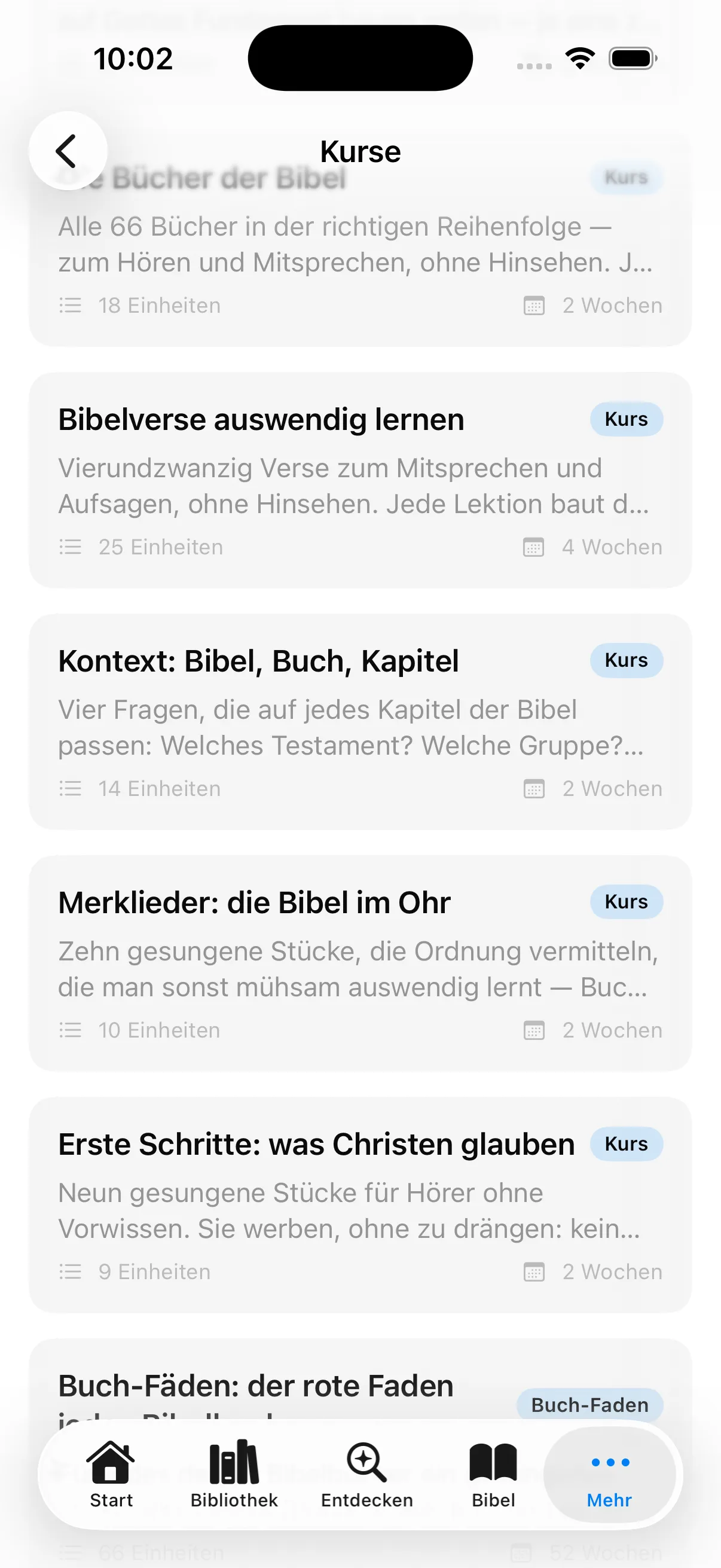 Kursliste mit Titel, Anzahl der Einheiten und Dauer